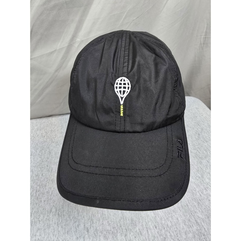 Tennis Hall Of Fame black FILA tennis cap featuring an embroidered white racket